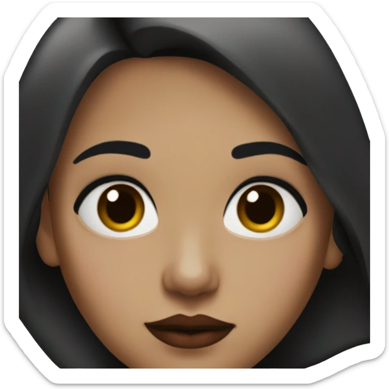 a girl with black hair, straight black eyes and red lipstick sticker