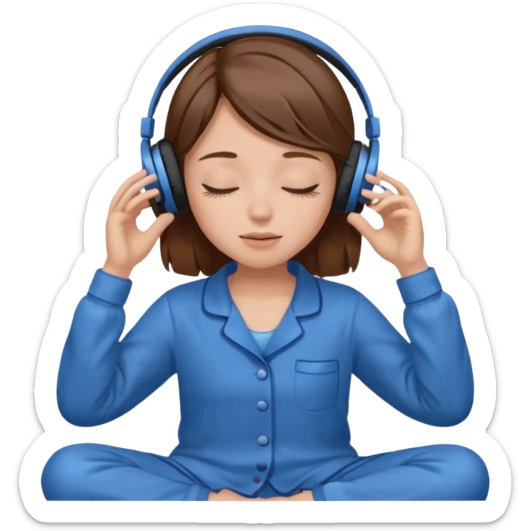 chica con pelo castaño ojos cerrados escuchando musica en pijama azul sticker