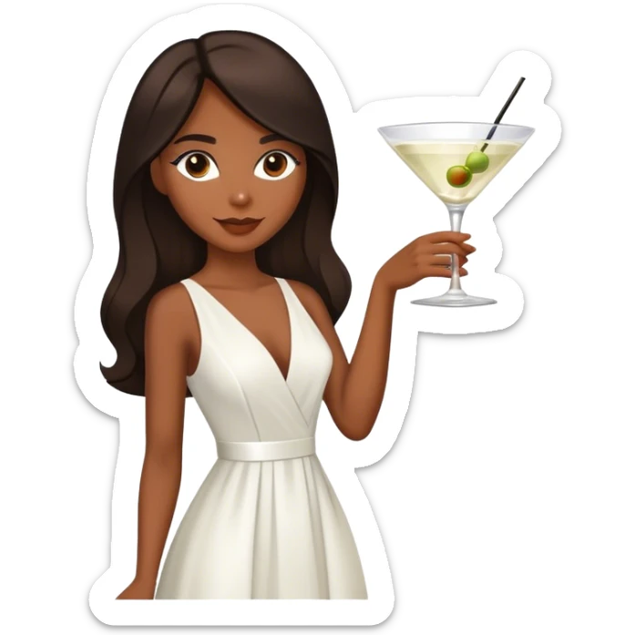 Beautiful woman in 1950’s woman fashion look, white dress, long dark brown hair, martini  sticker