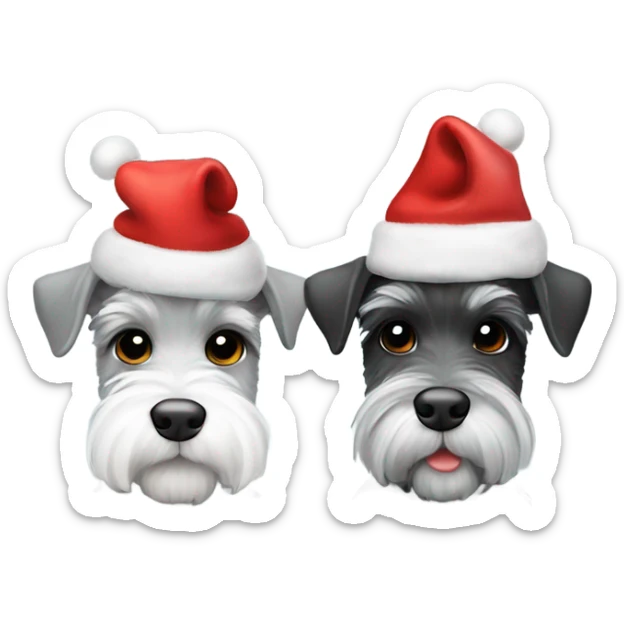 2 miniature schnauzers, 1 grey and one black and white, wearing Christmas hats with a heart in between them sticker