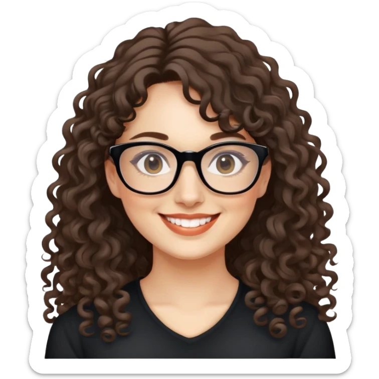 nữ 35 tuổi, da trắng, tóc dài xoăn, tóc mái 1/3, đeo kính đen, cười tươi sticker