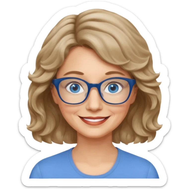woman 60 short weavy dark blonde haire, rectangle glases, blue eyes sticker
