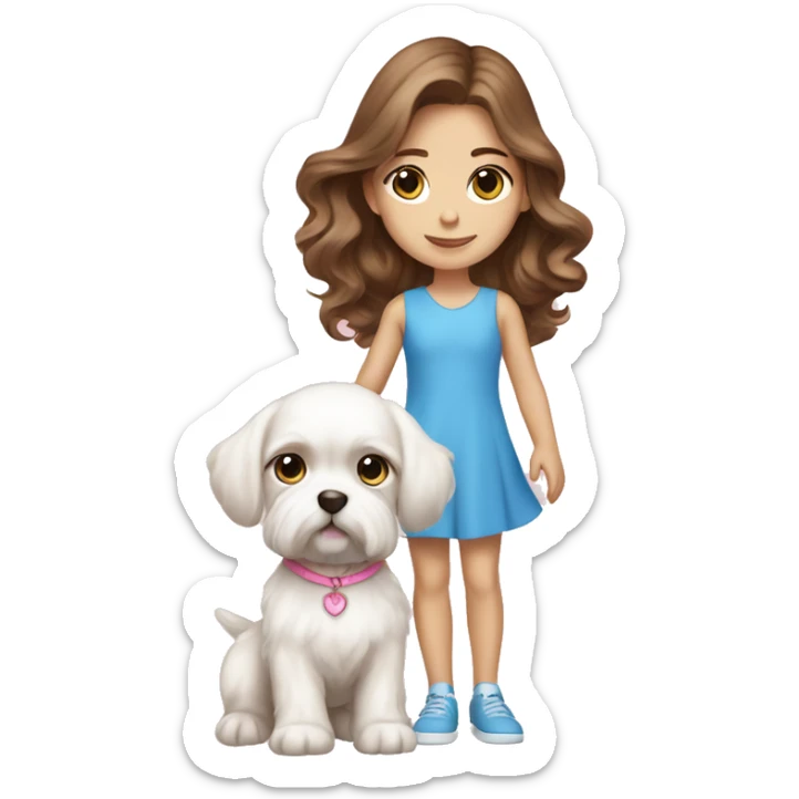 Brown hair blue eyes girl with maltese puppy with pink dress sticker