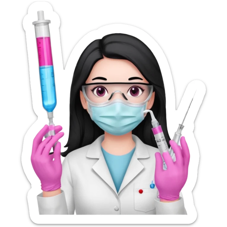 laboratorista con guantes rosa y mascarilla rosa  jeringa tubo laboratorio sin lentes  y  ojos negros cabello largo negro ojos negros sticker