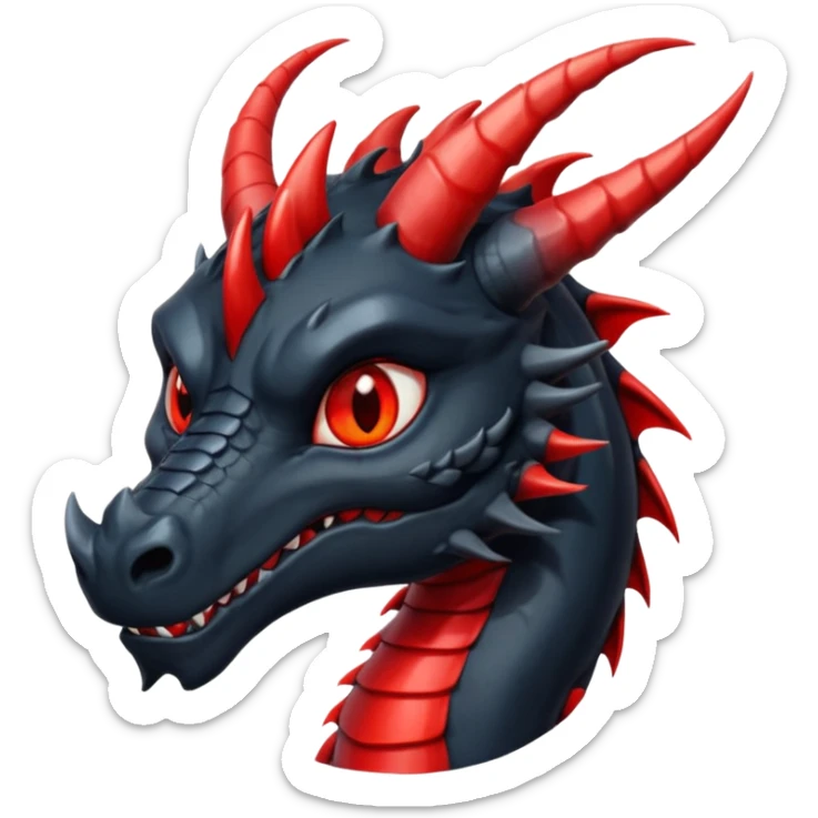 Un dragon noir aux yeux rouges brillant, puis des grandes cornes d'obsidiennes, style anime sticker