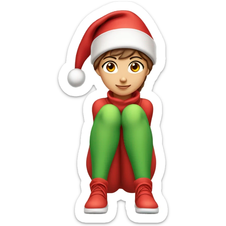 Girl with  brown short hair in red elf hat in a sitting position holding her legs ￼ sticker