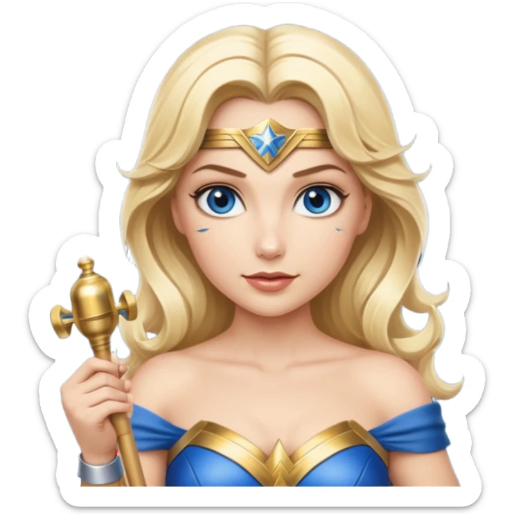 Blonde blue eyed Wonder Woman holding white orchestra conductor’s baton and bell  sticker