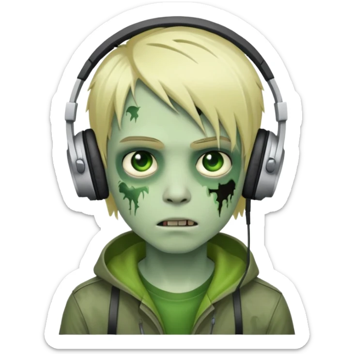 boy zombie with blonde emo hair and green skin and headphones  sticker