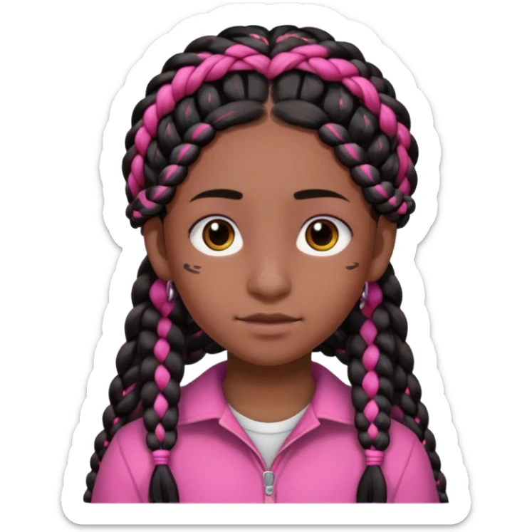 arikan, dark long hair whit pink 
and black braids. brown skin, smal round face and a big nose sticker