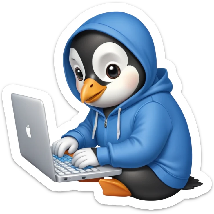 A cute penguin wearing a blue hoodie typing intensely on a laptop keyboard sticker