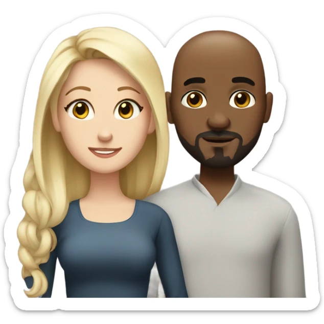 Blonde woman with grey eyes and black man who is bald with a goatee in love with each other  sticker