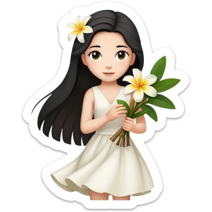  A girl with a black half-up half-down hairstyle, and a white dress, enjoying the spring breeze.Holding a bundle of frangipani sticker