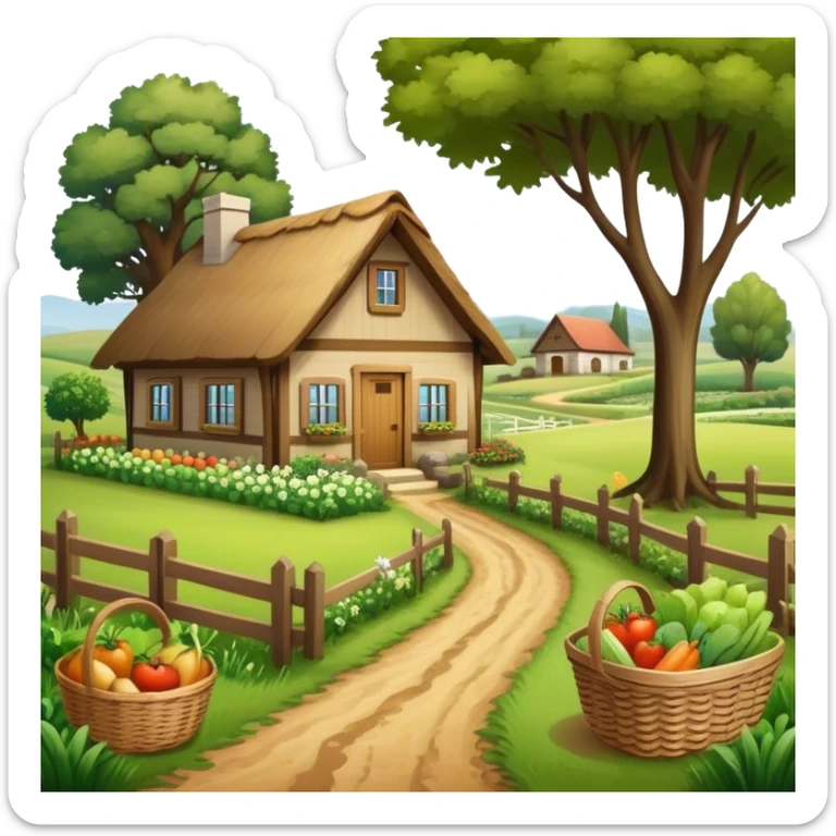 Icon for Rural Tourism: a peaceful countryside scene with a wooden cottage, a dirt path, grazing animals, and a basket of fresh produce. The icon should represent the tranquility and charm of rural life. Transparent background. sticker