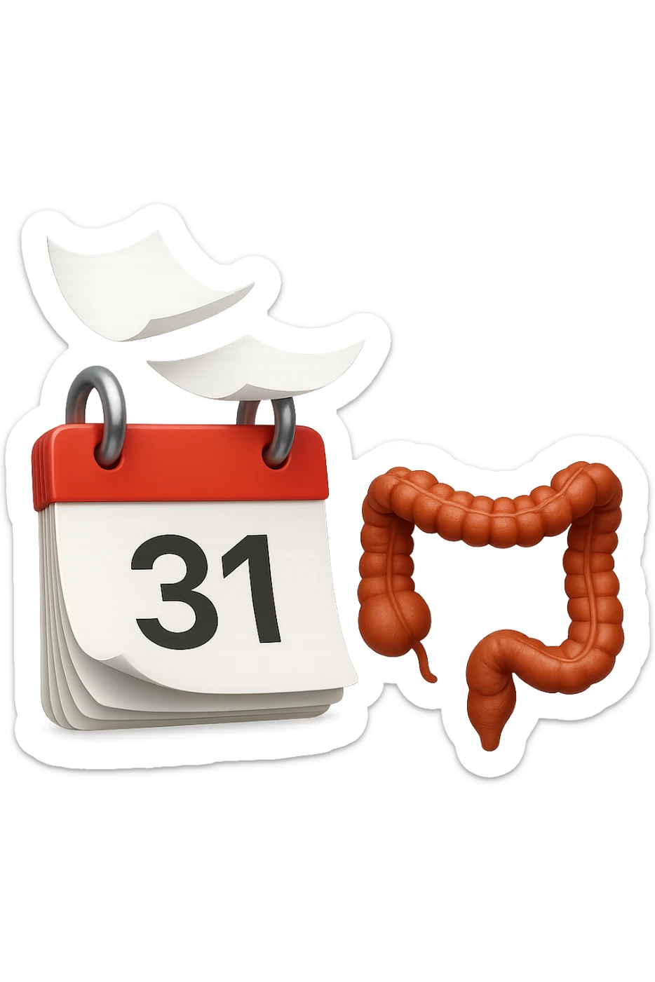 emoji stile iphone di un calendario con fogli che volano insieme a pezzi anatomici di colon umano, iperrealistico 4k, isolato su sfondo bianco sticker