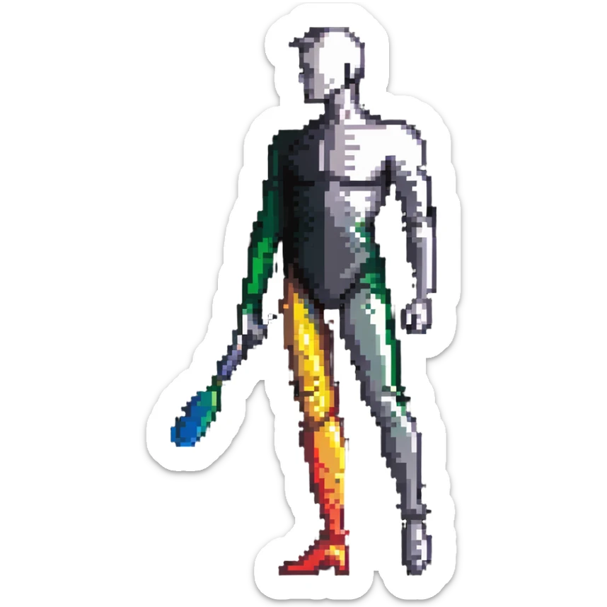 A paintbrush transforming into a metallic human silhouette, symbol of artistic identity sticker