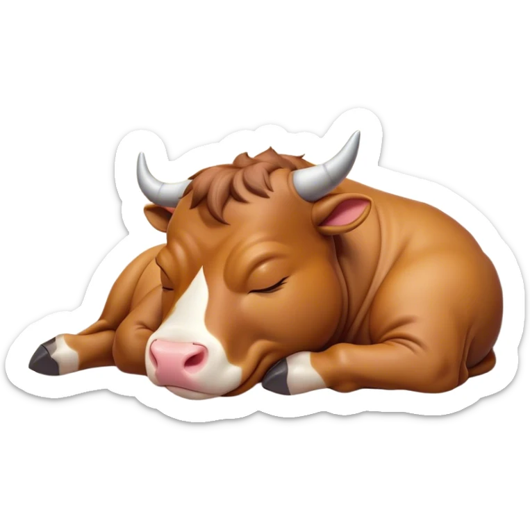 Meme-Worthy Cute Sleeping Domestic Bull Portrait Emoji, Head resting peacefully with a contented smile, showcasing a robust, muscular build and a luxuriously soft coat, eyes gently closed in serene, restful slumber, Simplified yet hilariously adorable features, highly detailed, glowing with a soft, drowsy natural light, high shine, relaxed and utterly lovable, stylized with an air of playful laziness, soft glowing outline, capturing the essence of a sleeping domestic bull that feels destined to become the next viral sensation of adorable rest! sticker
