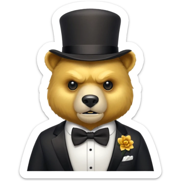 Oso dorado con sombrero elegante y moño negro enojado animatronico sticker