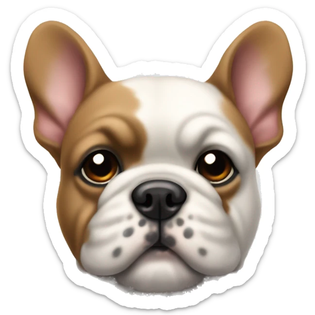 Fluffy French bull dog with a black spot on his face but the dog is white  sticker