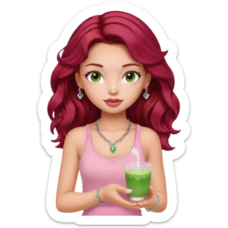 a pretty fair bratz girl with wavy dark red hair, wearing a pink tank top . silver dainty layered necklaces, carrying a matcha sticker