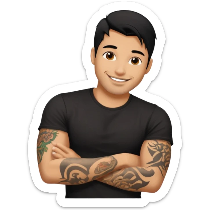 A man in tattoos handsome with flirty smile till legs black hair, bristle  sticker