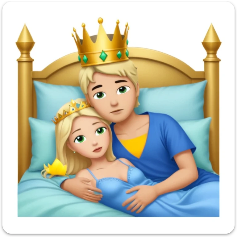 Blonde Queen with crown, Green eyes, naked, kissing man, naked, without crown, black hair, blue eyes, whole Body, Background sleeping room  sticker