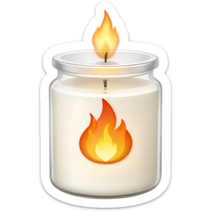 minimal flat emoji of a white scented candle in a glossy white glass jar with the label “cotton”, three visible flames, soft warm glow, clean vector style, elegant and modern, transparent background sticker