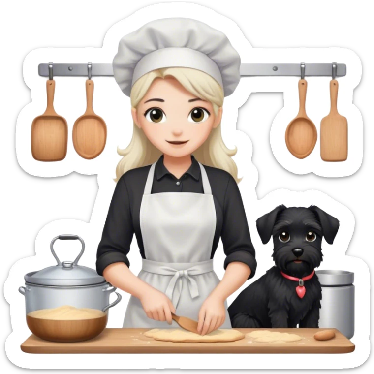 pale smiling girl baking with long back hair wearing black long shirt wearing apron holding black  schnauzer sticker