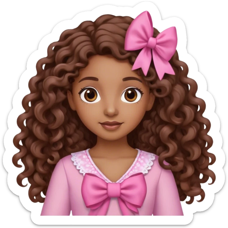 brown girl with long brown curly hair with bows in her hair waving wearing pink sticker