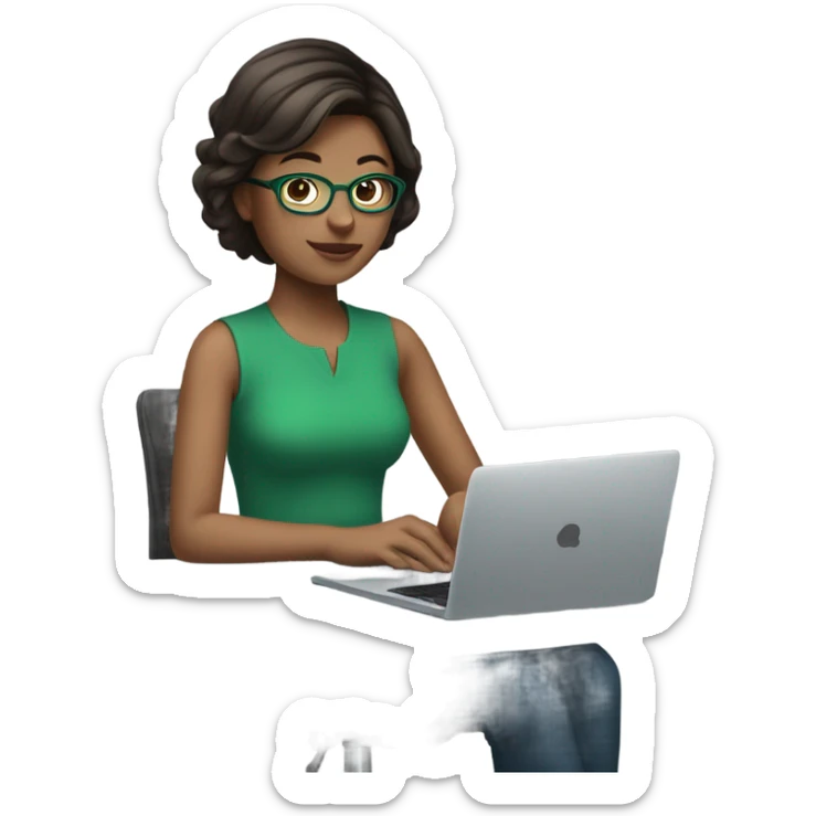 brunette girl with short hair in blue green clothes and glasses behind laptop  sticker