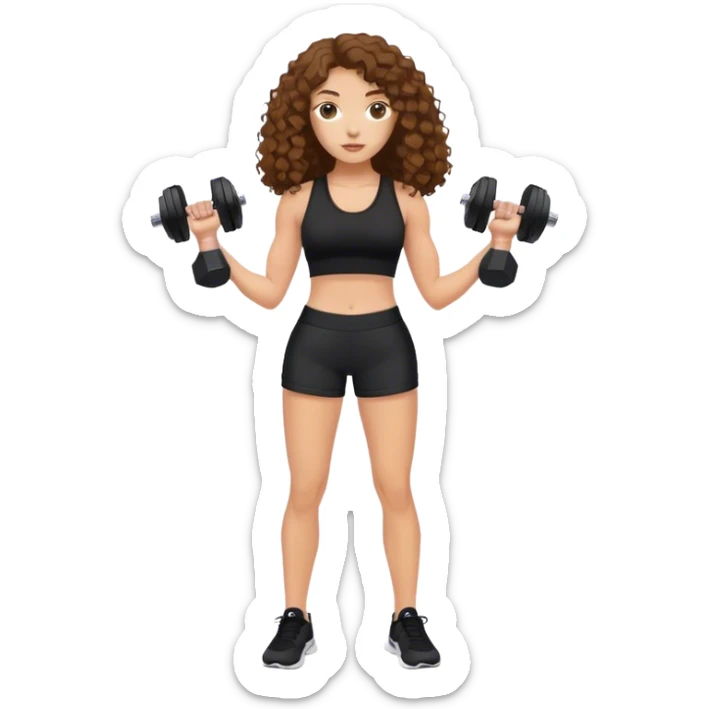 white woman with long brown curly hair in black top and shorts holding dumbbell sticker