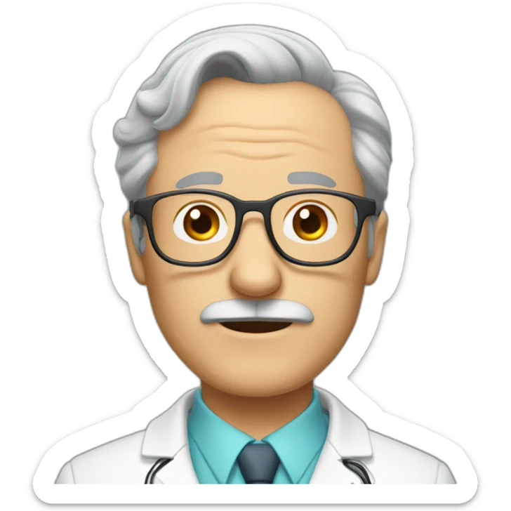 gray-haired doctor with a receding hairline, glasses and a mustache sticker