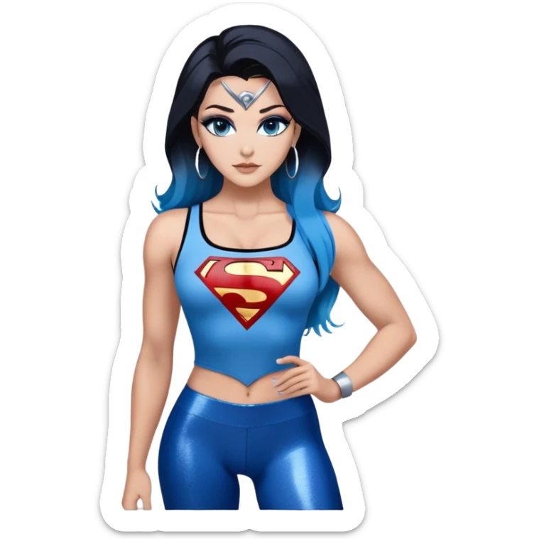Full body with long legs-very very large chest clevage-beautiful face-black leggings-very long very straight dark blue to light blue ombre hair-and-blue eyes-a lot of black eyeliner-thick long eyelashes-sky blue low cut tanktop with glitter superman logo-silver hoop earrings sticker