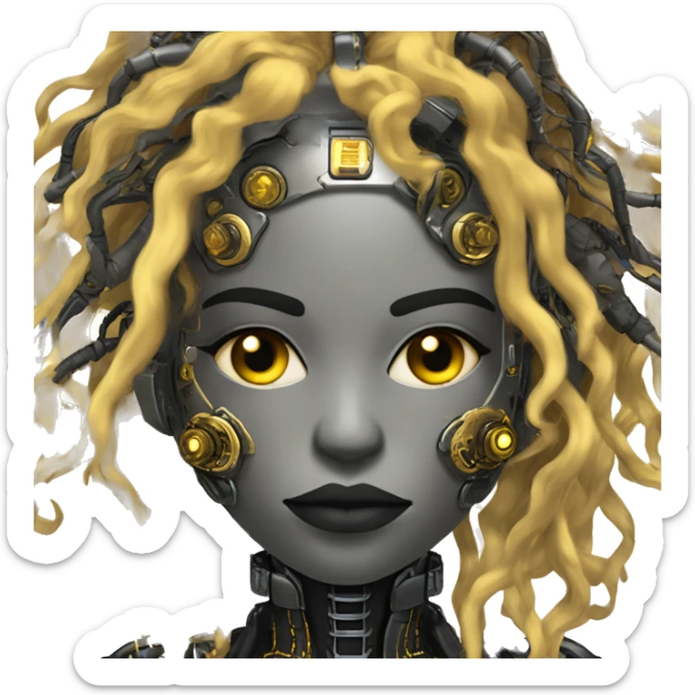 black metal female cyborg head with circuitry and yellow gold curly hair sticker
