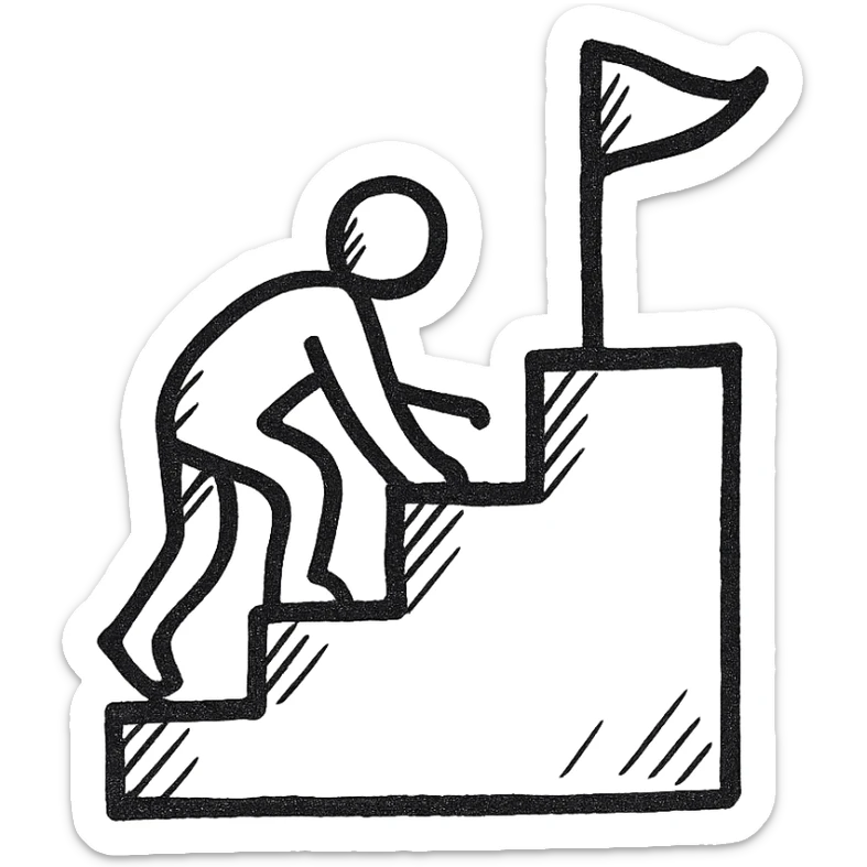 hand drawn black outline icon of a person climbing up a flag, crawling up steps, simple and clear, no fill sticker