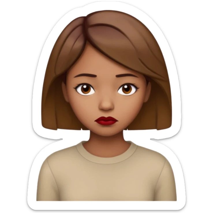 a brown girl with short light brown hair wearing a beige full sleeve and looking sad. dark red lip sticker