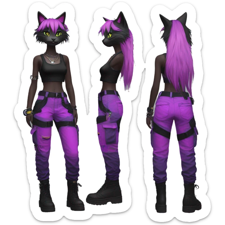 Edgy Anthro cool pretty colorful dark cat-fursona techwear cargo pants crop top sticker