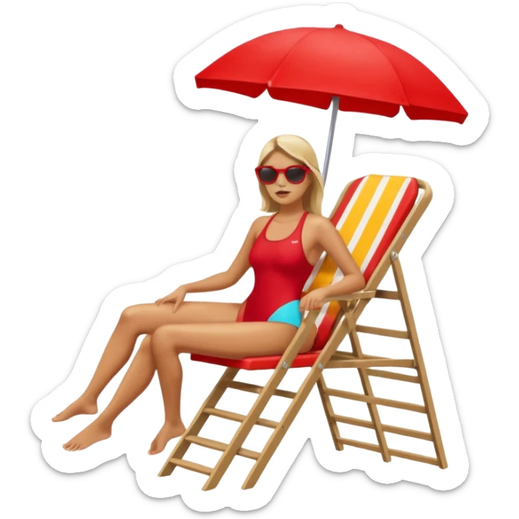 Female lifeguard – red swimsuit, sunglasses, sitting on tall lifeguard chair. sticker