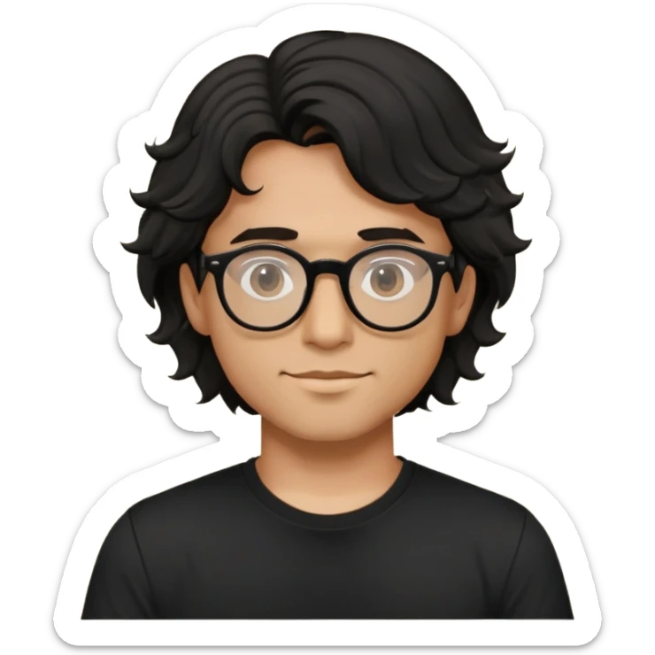 zumbie cabelo ondulado médio preto, camiseta preta, oculos redondo masculino  sticker