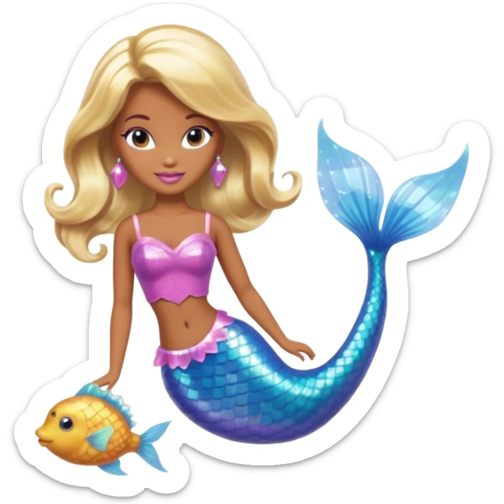 Brown skin blonde hair barbie mermaid with holographic tail  with pufferfish sticker