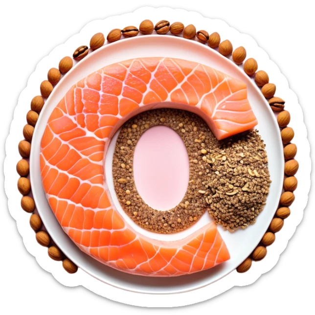 Floating arrangement of omega-3 rich foods: fresh salmon fillets, walnuts, flaxseeds, chia seeds and golden omega-3 capsules, all emitting a soft golden glow. The foods orbit around a central shimmering omega symbol, with gentle flowing energy connecting them. sticker