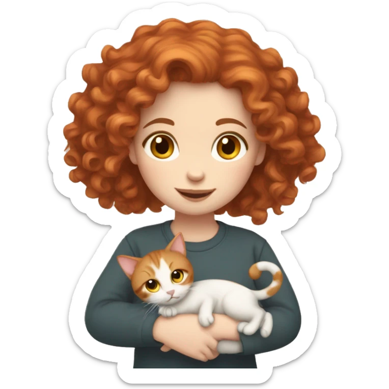 Pale skin Red hair curly girl holding tabby cat sticker