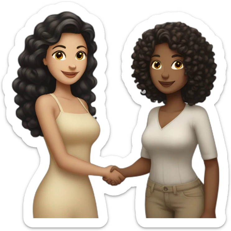 tan curvy woman with black curly hair shakes hands with a curvy pale woman who has straight light brown hair sticker