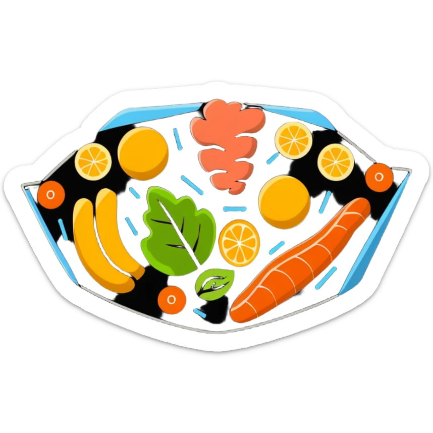 Vibrant muscle fibers in the center, with protein foods (meat, egg, beans, tofu, yogurt) connected together in a unified chain or cluster, floating together around the muscle fibers like a connected orbital ring. sticker