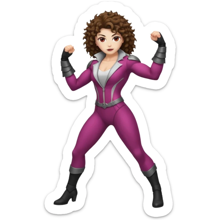 full body woman short curly brown mullet brown eyes white skin muscular build thorn berry rogue suit sticker