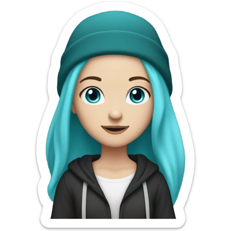 White girl, blue eyes, long teal hair, purple beanie hat, black hoodie sticker