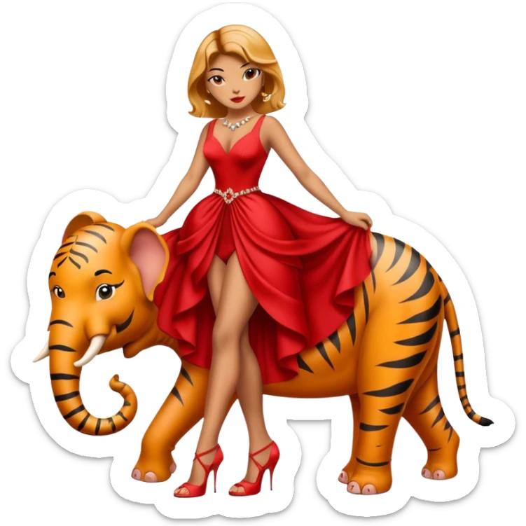 Tigre femmina a due zampe elefante con tacchi e vestiti da sera elegante rosso sticker
