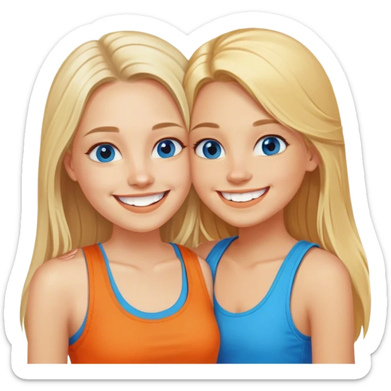 Two girls both have long blonde hair posing cheek to cheek with one girl wearing an orange shirt and the second girl wearing a tank top both have bright white teeth and smiling both have beautiful blue colored eyes sticker