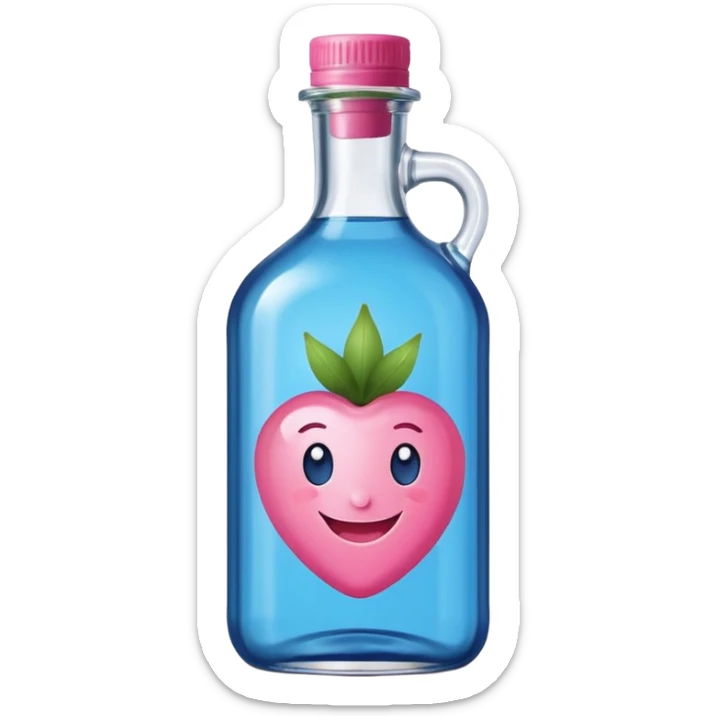 Smiling bottle of oil blue top pink outside with logo that says berry oil sticker