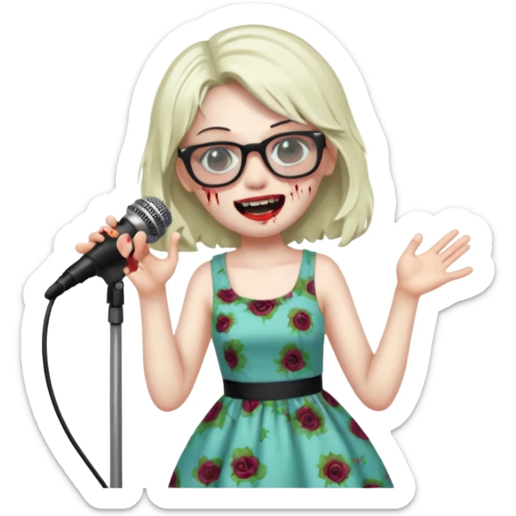 singer, Zombie girl, super happy, wearing dress, singing to mic, glasses sticker
