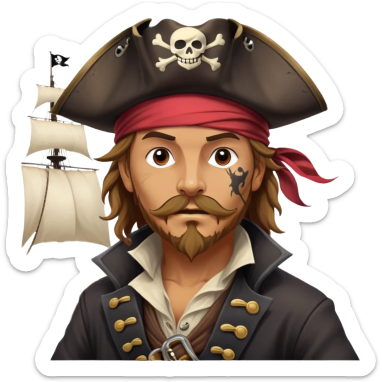clash-of-clans-aesthetic_-cinematic-focused-pirate-bust-portrait-emoji, head slightly tilted with a determined, roguish expression and bold features, featuring a compact, spirited build with a jaunty hat and quirky bandana on tan skin, at the helm of a grand sailing ship complete with billowing sails and a tattered Jolly Roger flag fluttering dynamically in a tempestuous sea breeze. sticker